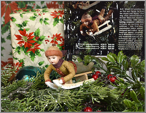 Vintage Christmas ornament 'Neil on a Sled' cotton ornament from the Blumchen atelier