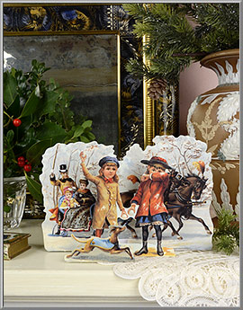 'Wintertime Sleigh Ride' Victorian 3-D Christmas card, printed in England by Mamelok Papercraft