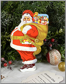 Vintage 1950's Santa Claus die-cut Christmas Savings Club tree hanger ornament