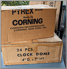 Pyrex Glass Clock Dome shipping cartons from 1989