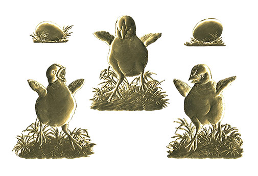 Spring Chicks and Easter Eggs - Gold Dresden die-cut ornaments from Germany