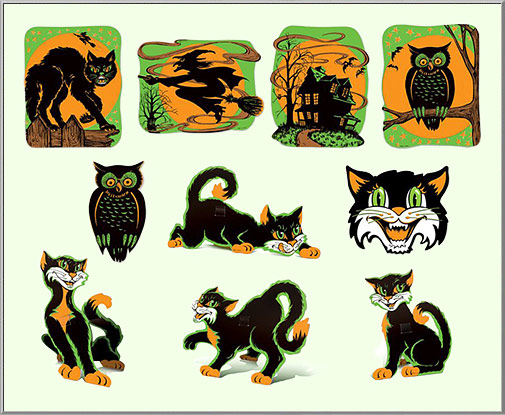 Retro Fluorescent Halloween Cutouts and Black Cats Party Decorations - Made in USA
