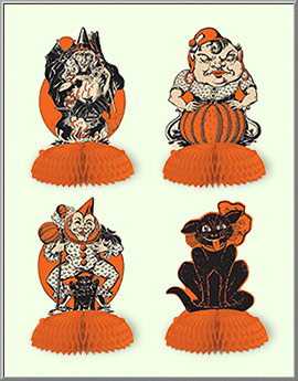 Vintage Halloween Centerpieces with orange honeycomb tissue bases set of 4 assortment