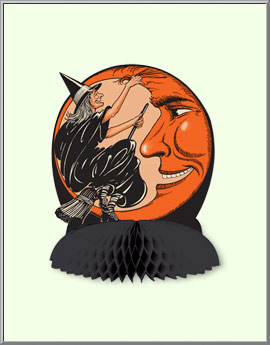 Witch and Crescent Moon centerpiece with black honeycomb tissue base