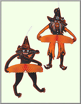Tango Witch and Cat Halloween Dancers with orange honeycomb tissue skirts