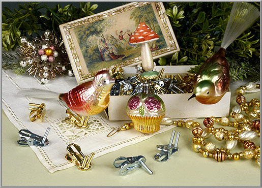 Authentic German bird legs, metal spring clips for blown glass bird Christmas ornaments