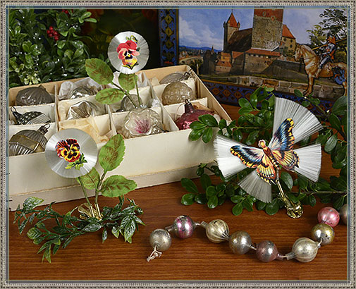 Antique spun glass Christmas butterfly and flower ornaments